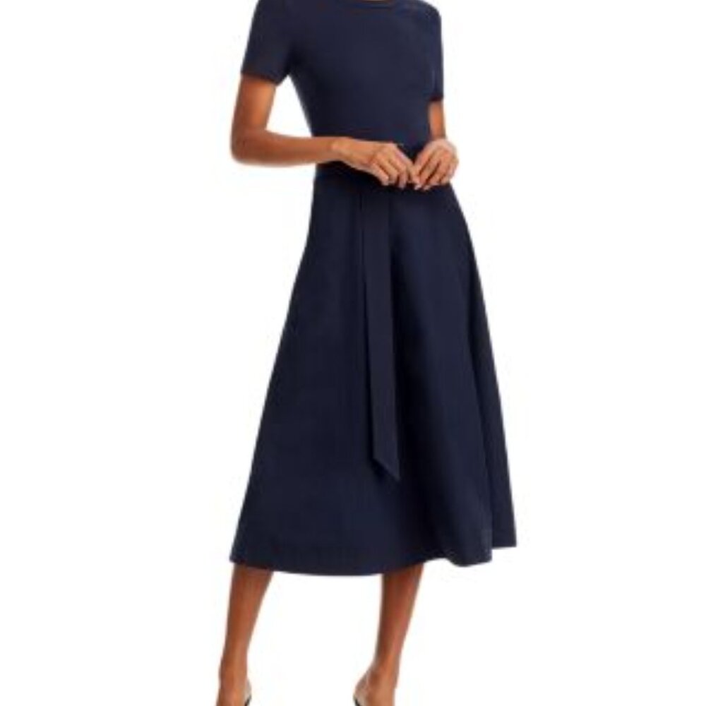 Veronica Beard Facia Mixed Media Dark Navy Fit & Flared Crew Neck Midi Dress S